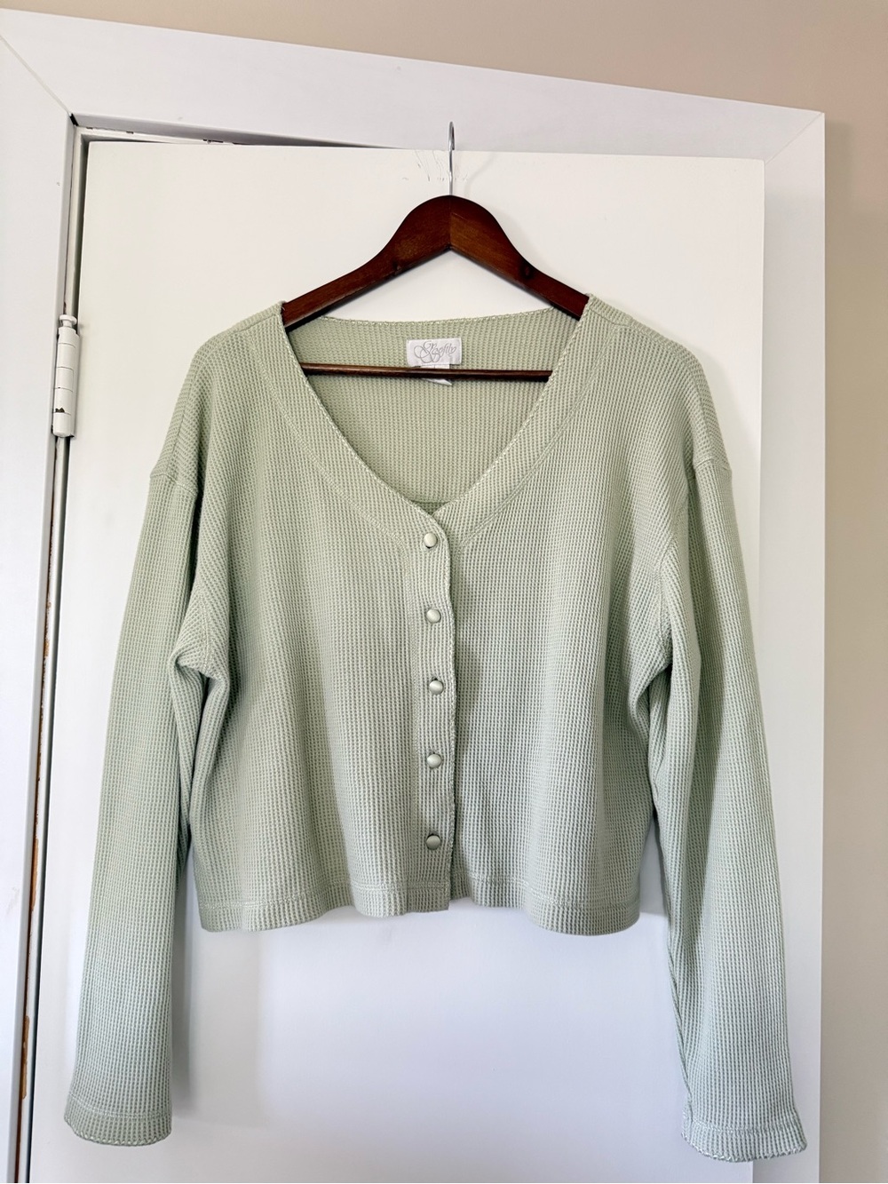 VINTAGE Sage Cropped Button-Front Waffle Cardigan